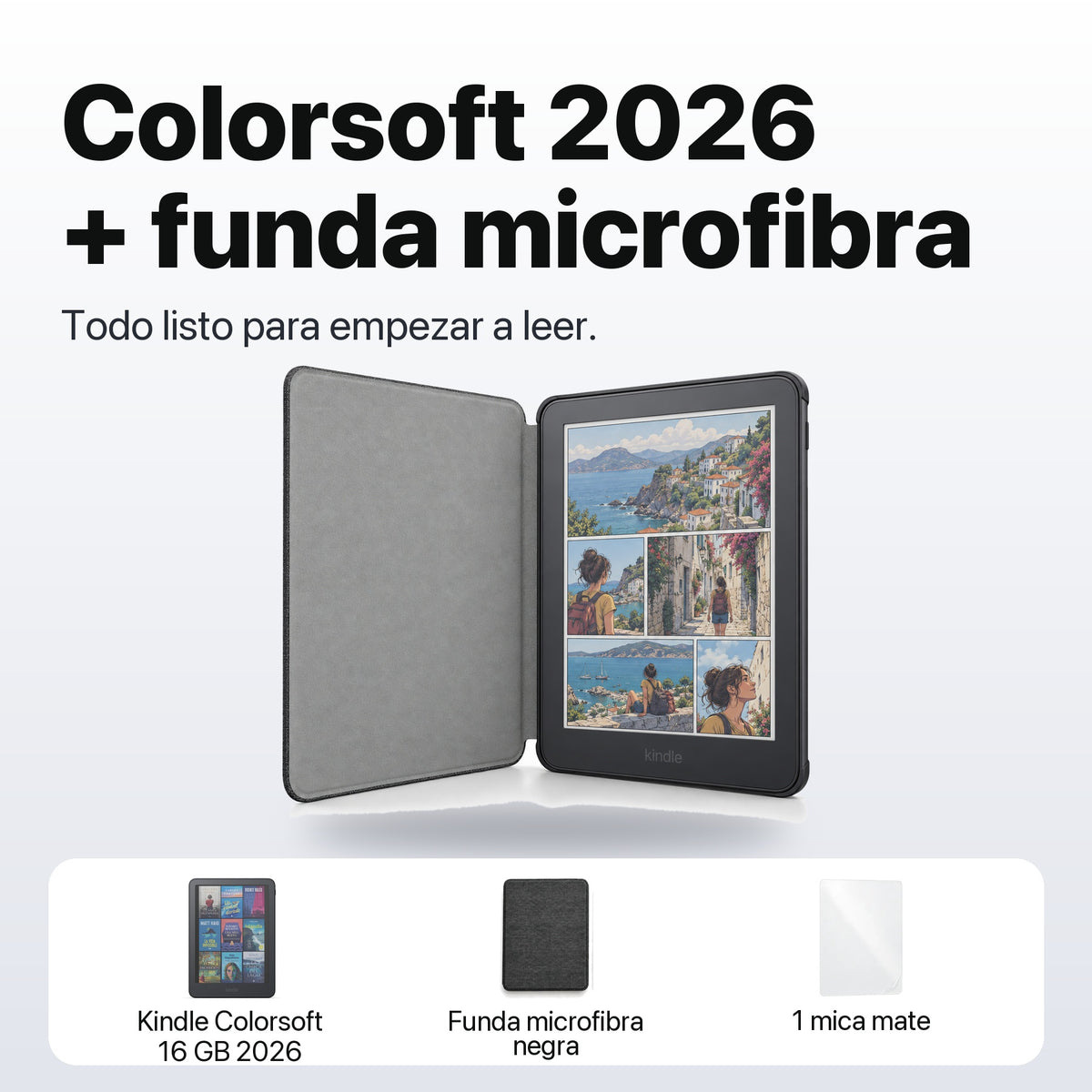 Kindle Colorsoft 2026 color Grafito con funda microfibra negra - qué incluye el pack