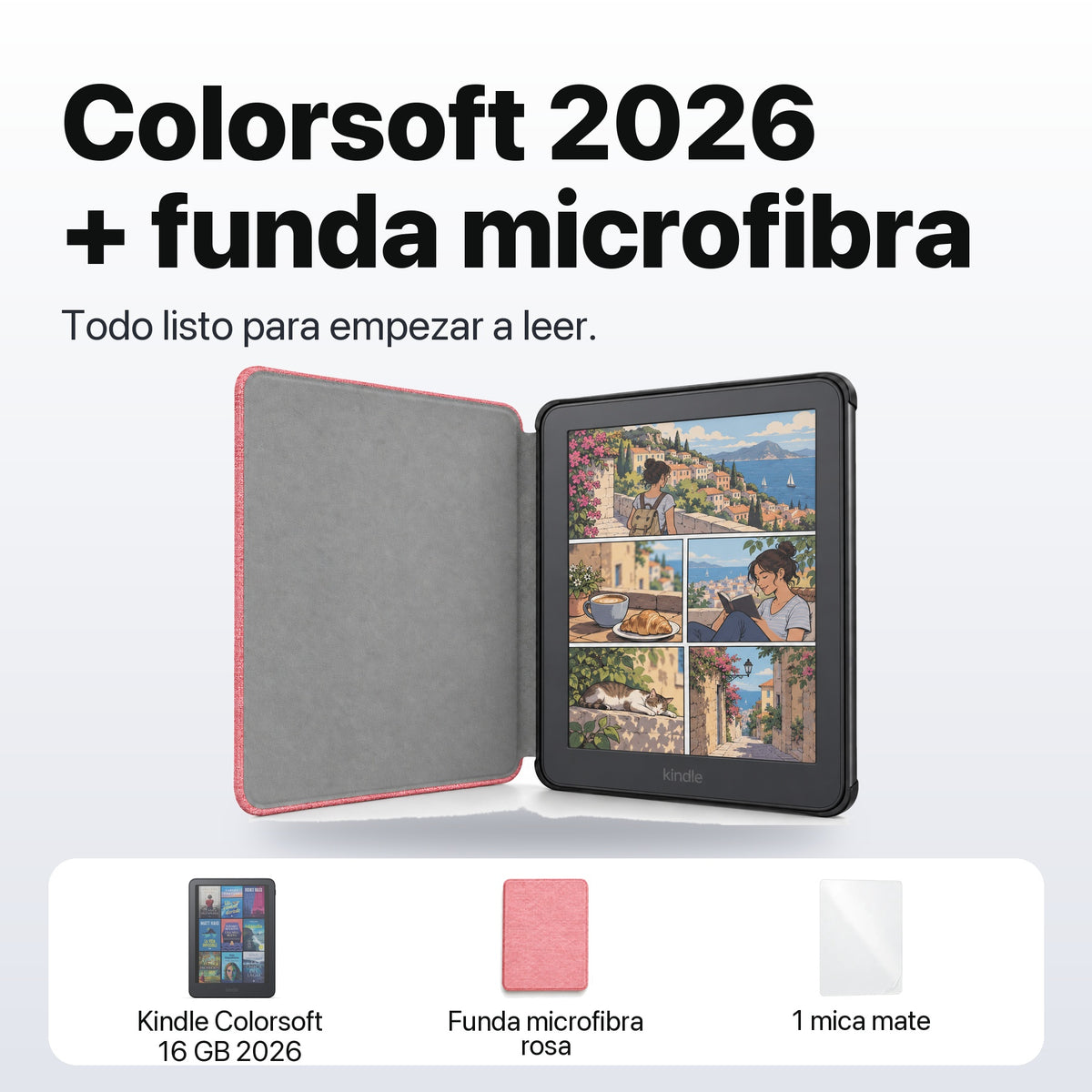 Kindle Colorsoft 2026 color Grafito con funda microfibra rosa - qué incluye el pack