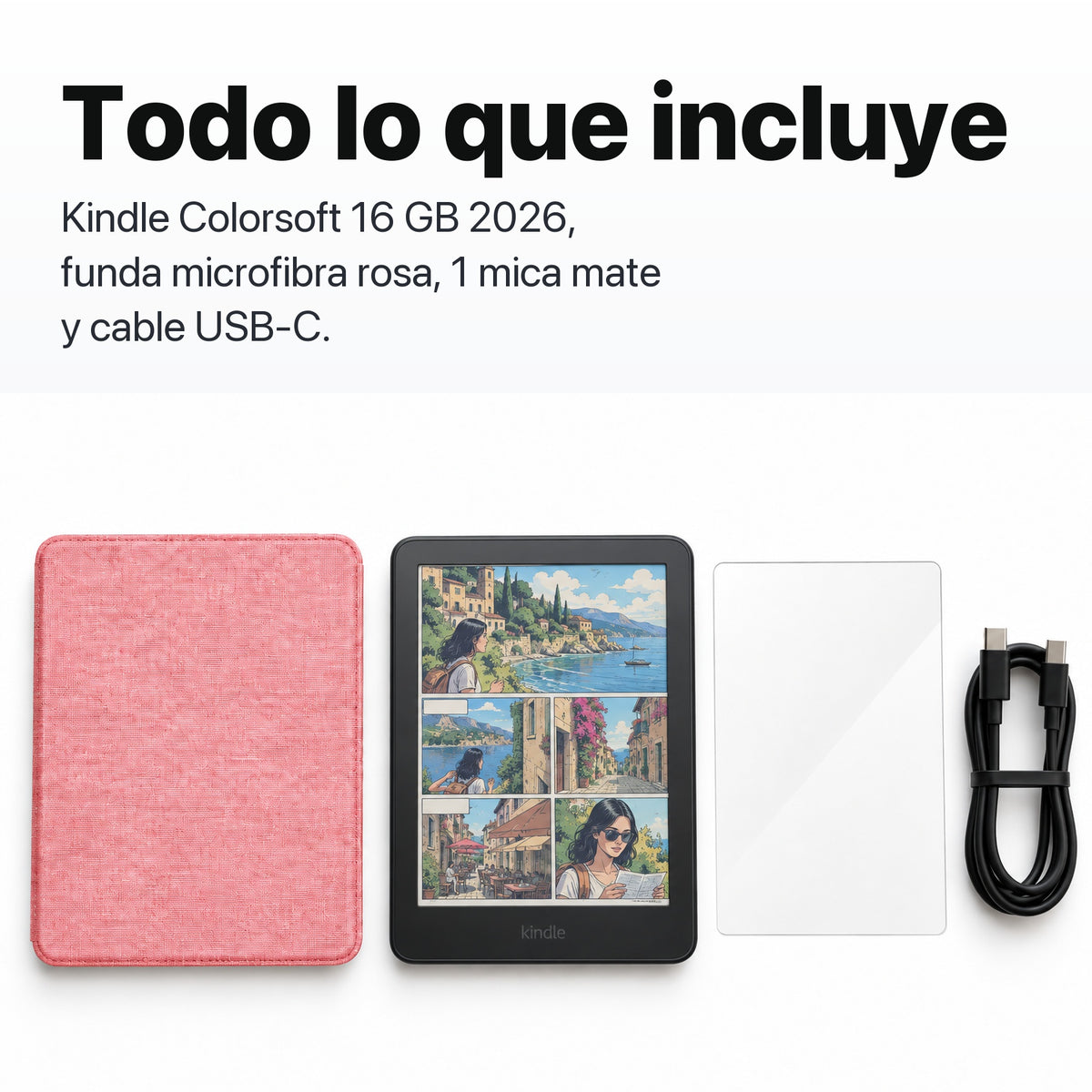 Kindle Colorsoft 2026 color Grafito con funda microfibra rosa - todo lo que incluye