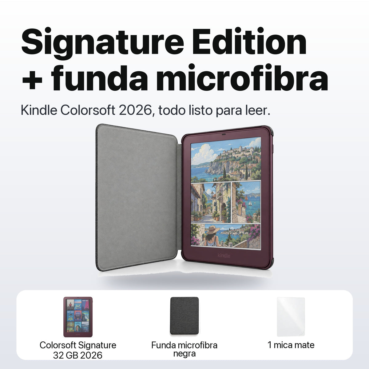 Kindle Colorsoft Signature Edition 2026 color Ciruela Fig con funda microfibra negra - qué incluye el pack