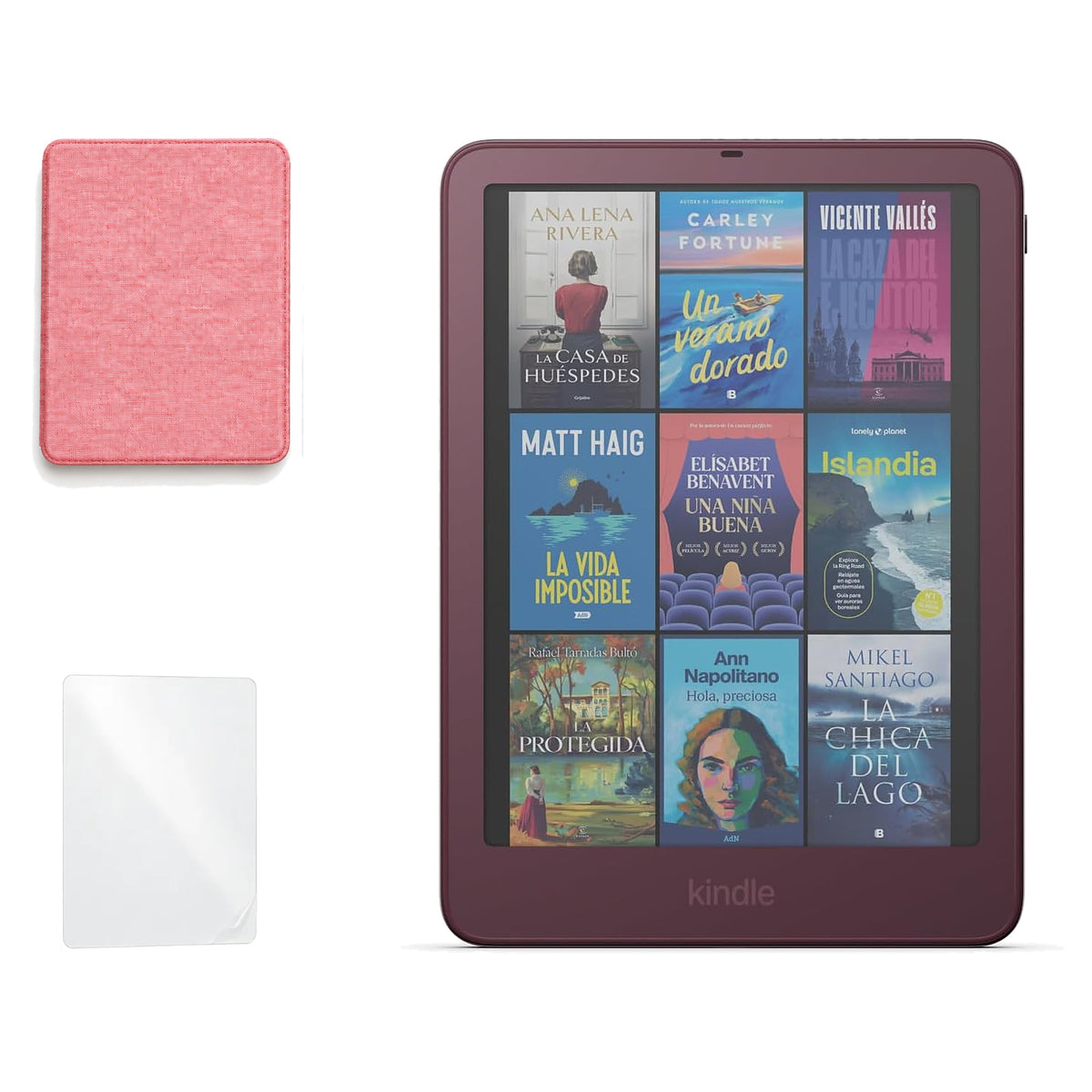 Kindle Colorsoft Signature Edition 2026 color Ciruela Fig con funda microfibra rosa - portada