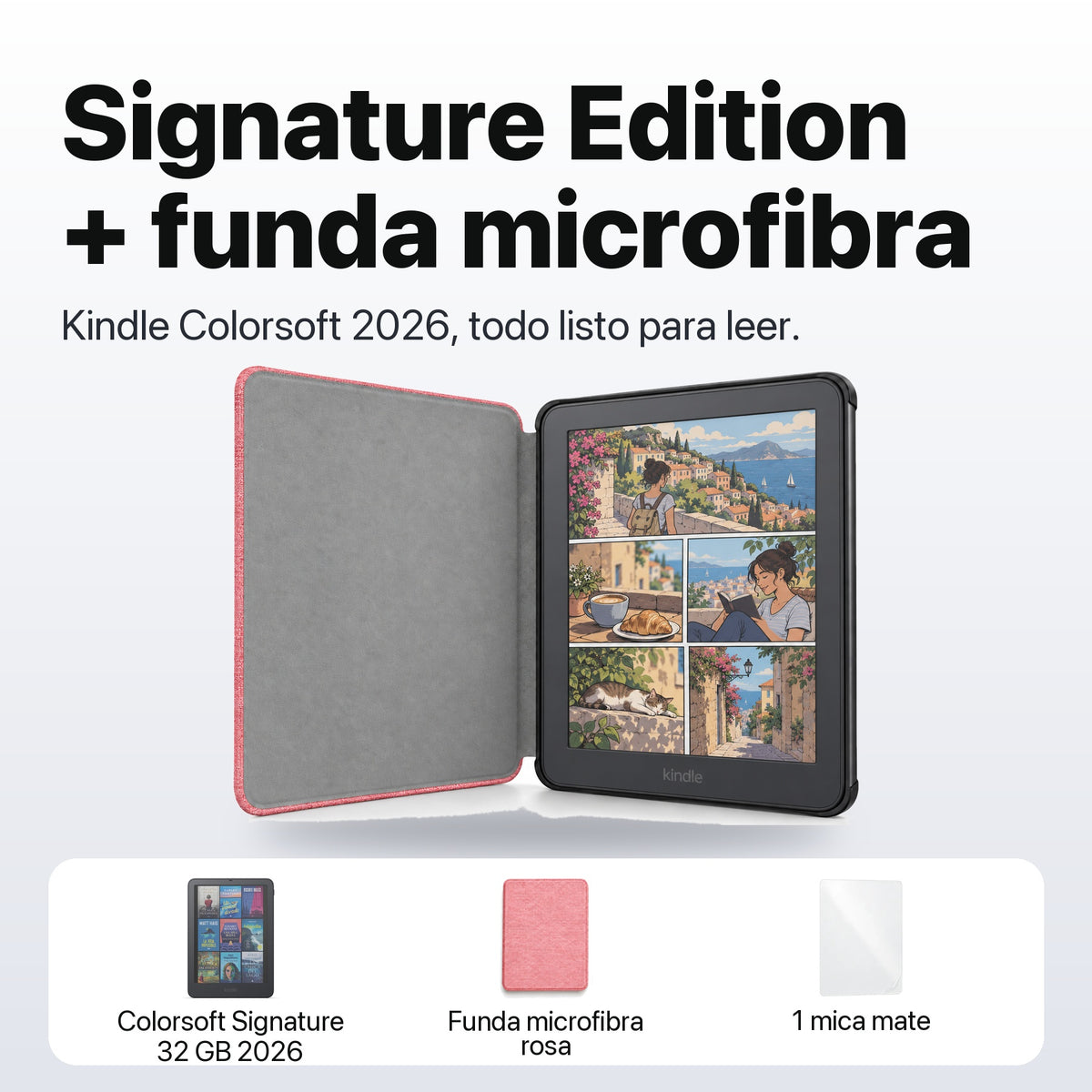 Kindle Colorsoft Signature Edition 2026 color Grafito con funda microfibra rosa - qué incluye el pack