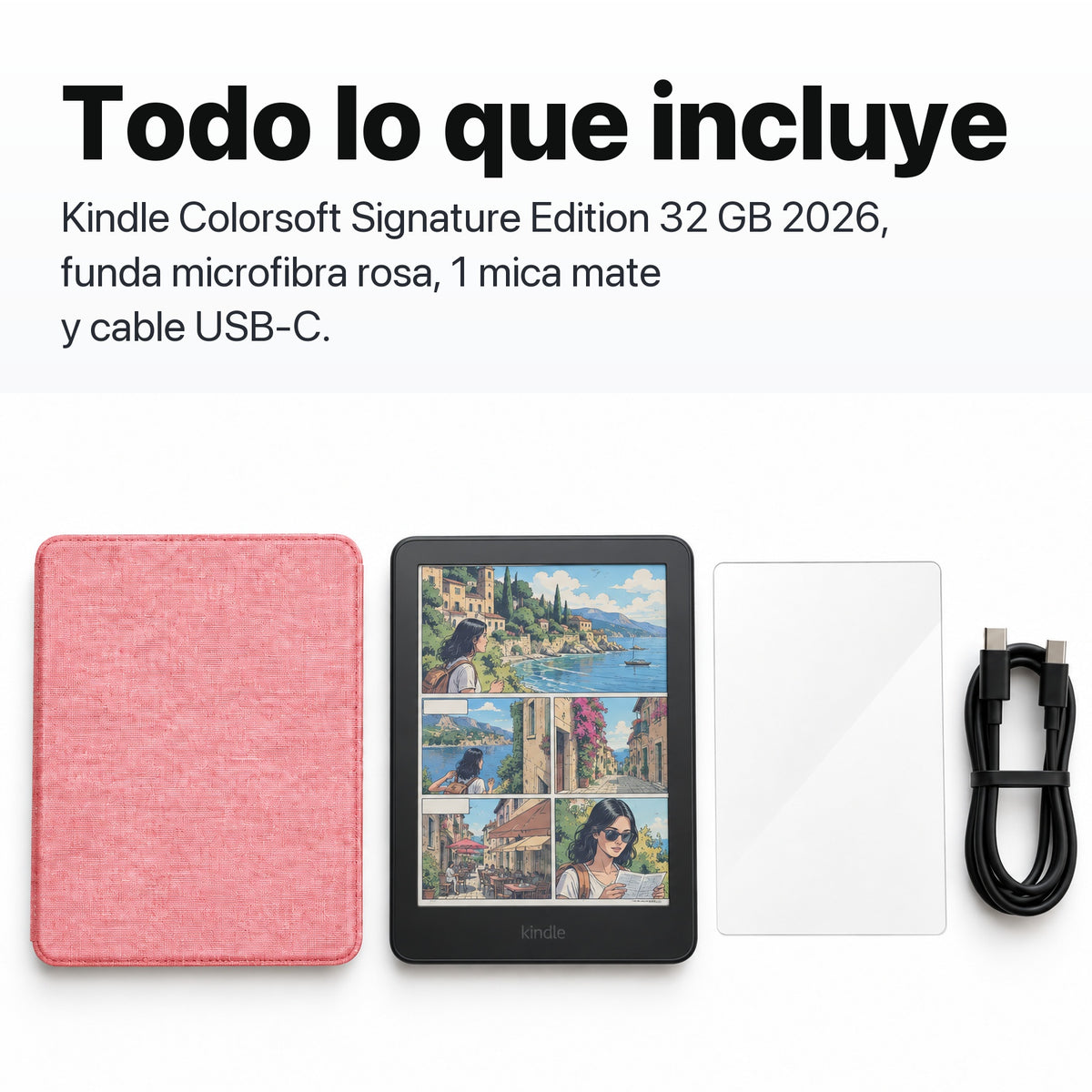 Kindle Colorsoft Signature Edition 2026 color Grafito con funda microfibra rosa - todo lo que incluye