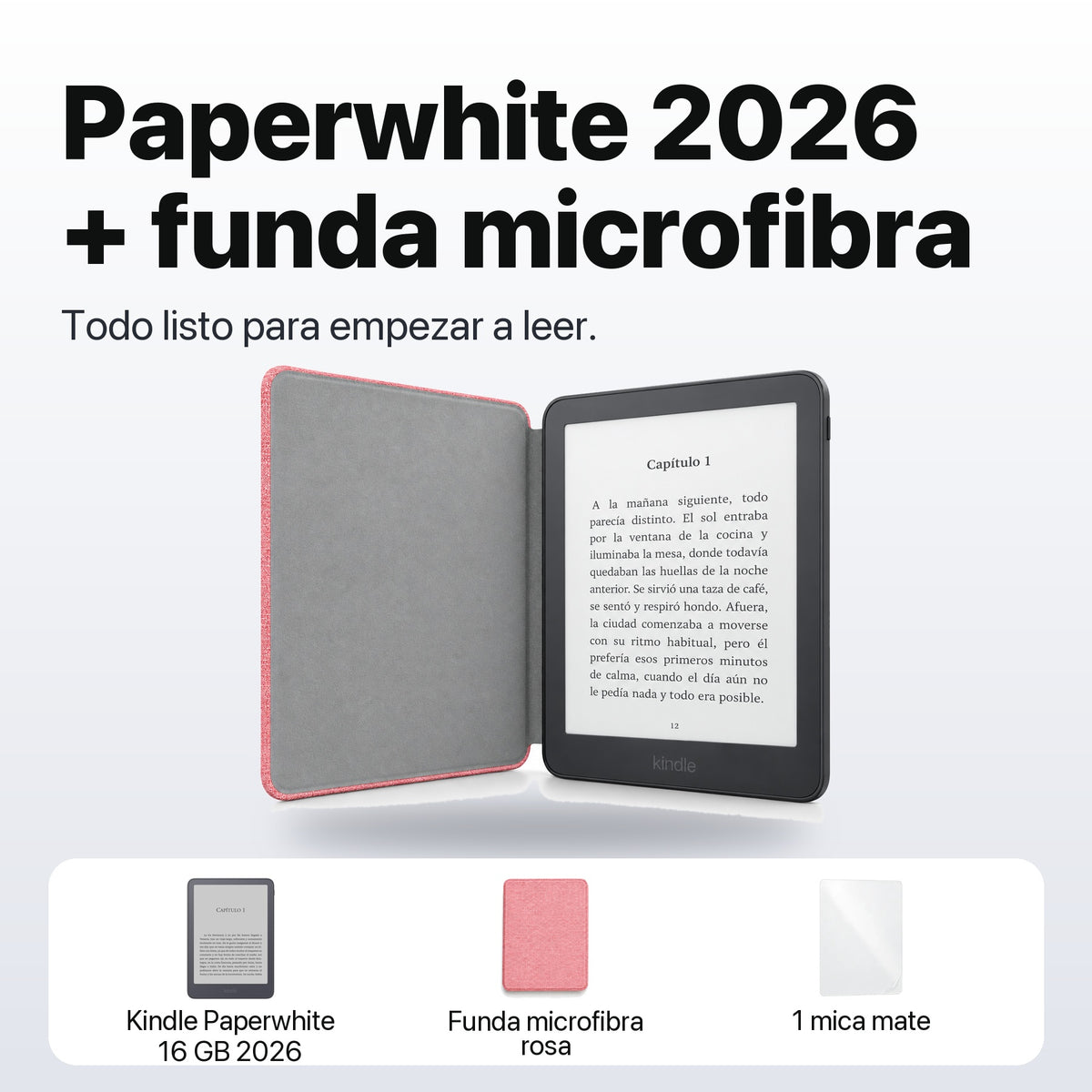 Kindle Paperwhite 2026 color Grafito con funda microfibra rosa - qué incluye el pack