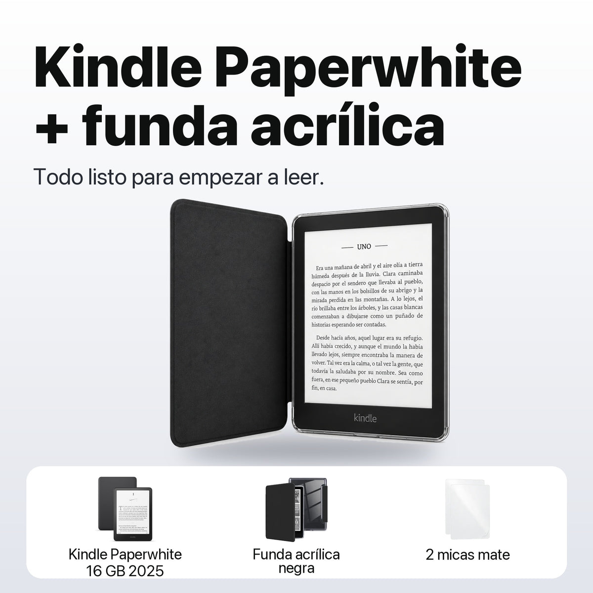 Qué incluye el pack: Kindle Paperwhite 16 GB 2025, funda acrílica negra y 2 micas mate