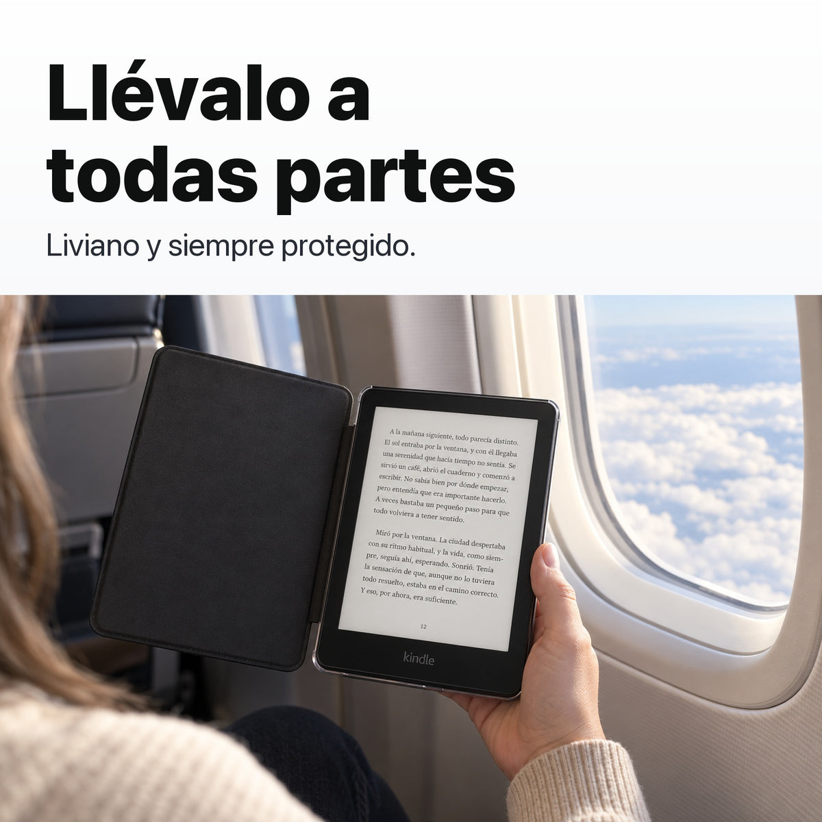 Kindle Paperwhite con funda acrílica negra en un viaje en avión