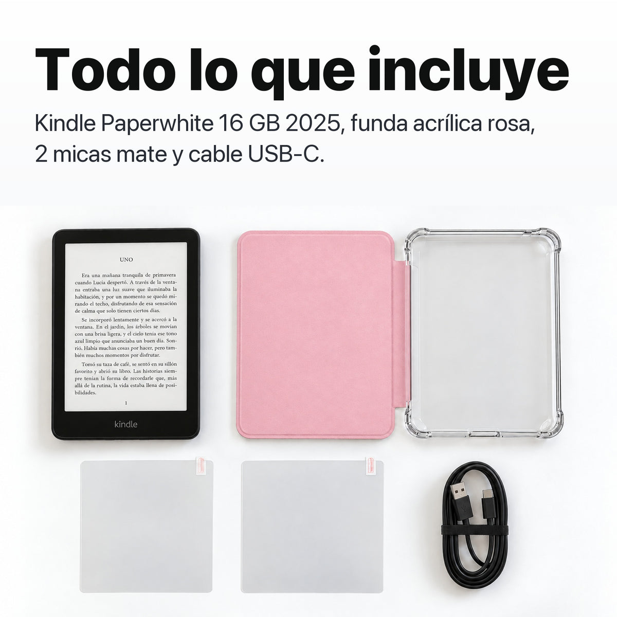 Contenido del pack: Kindle Paperwhite, funda acrílica rosa, 2 micas mate y cable USB-C