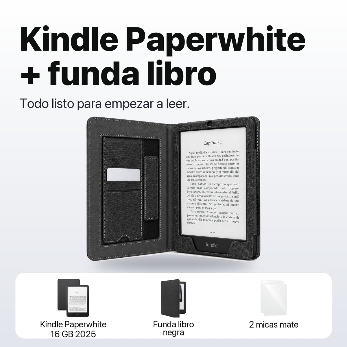 Qué incluye: Kindle Paperwhite 16 GB 2025, funda libro negra y 2 micas mate