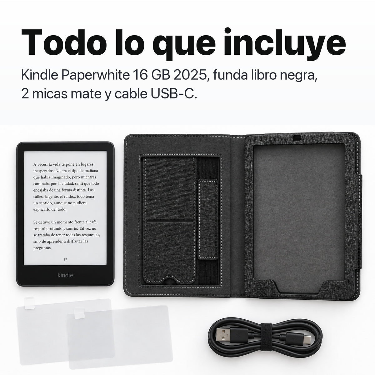 Contenido del pack: Kindle Paperwhite, funda libro negra, 2 micas mate y cable USB-C