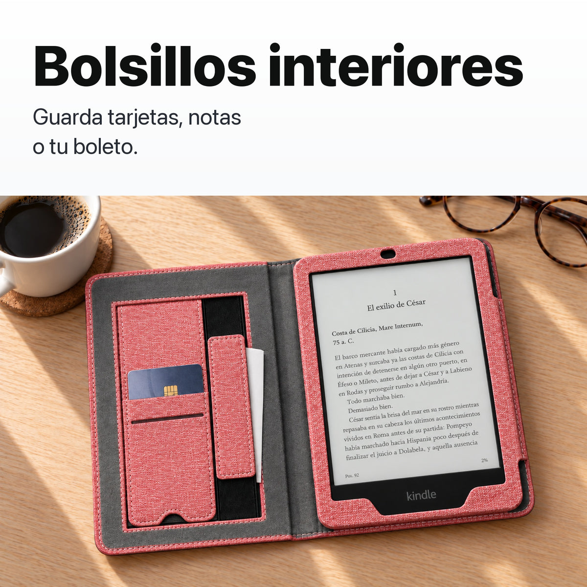 Bolsillos interiores para tarjetas de la funda libro rosa