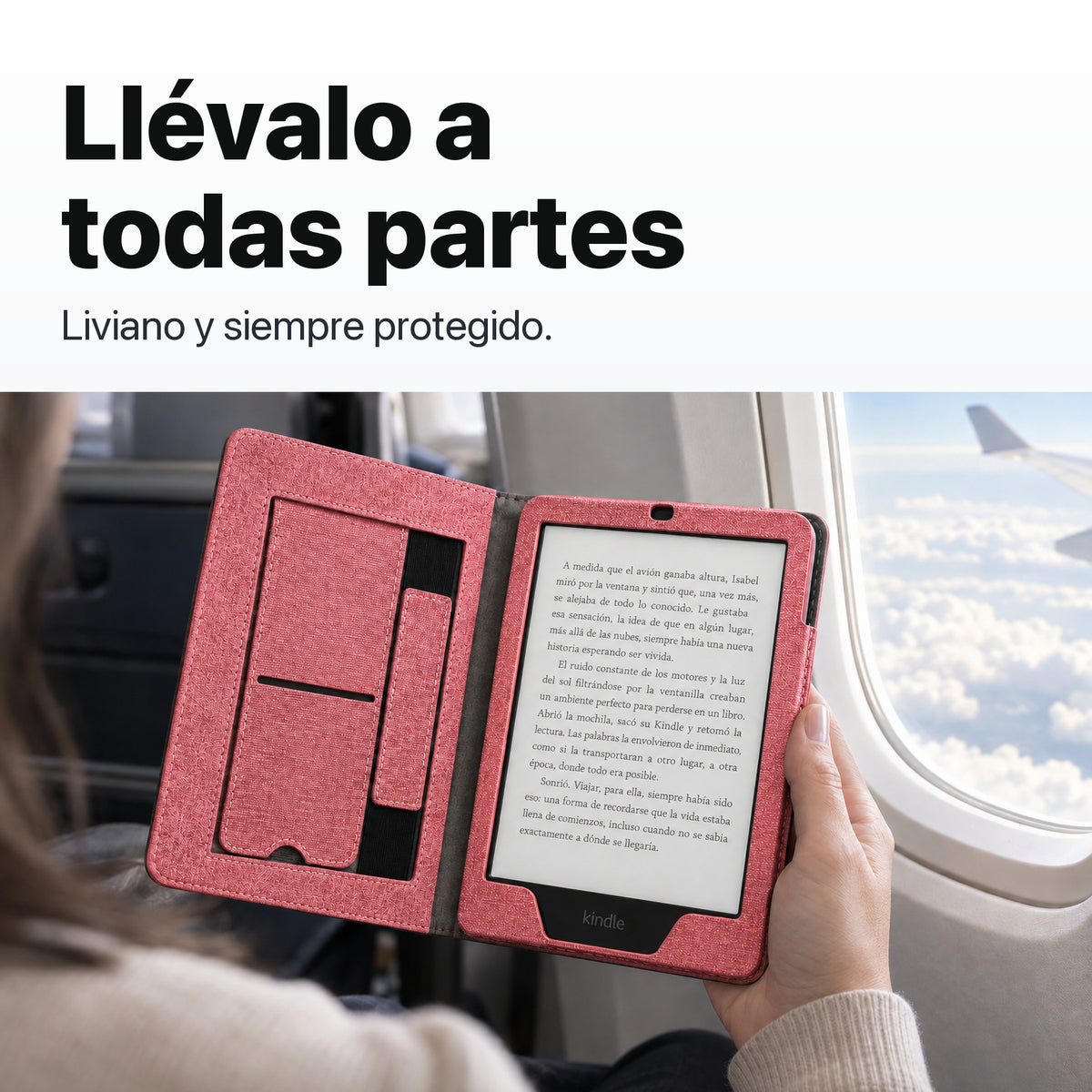 Kindle Paperwhite con funda libro rosa en un viaje en avión