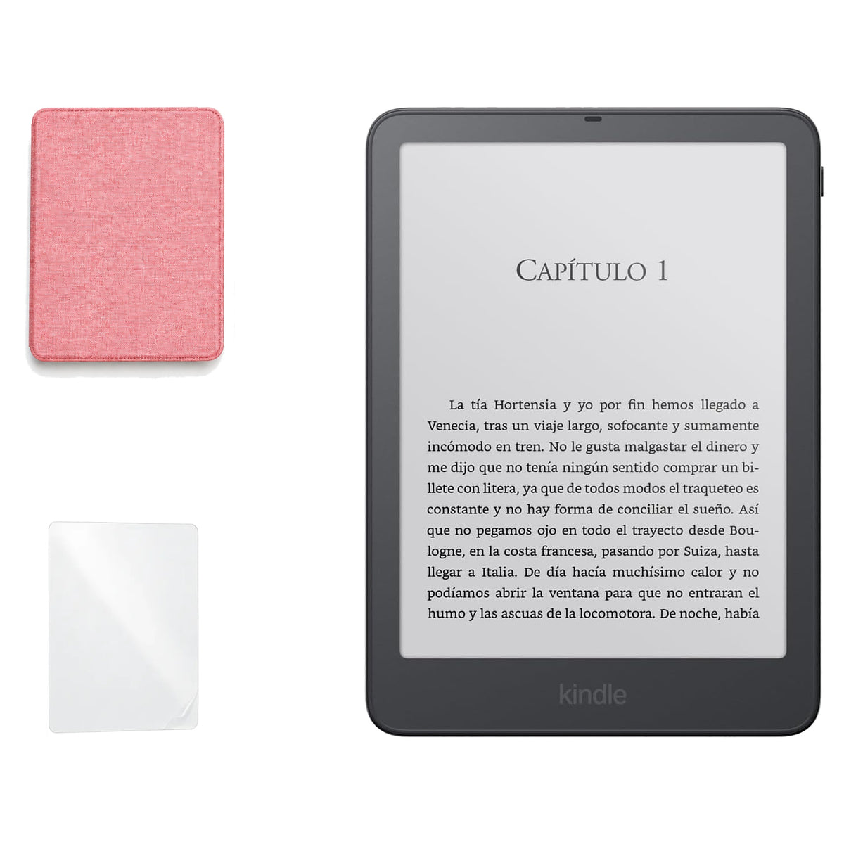 Kindle Paperwhite Signature Edition 2026 color Grafito con funda microfibra rosa - portada