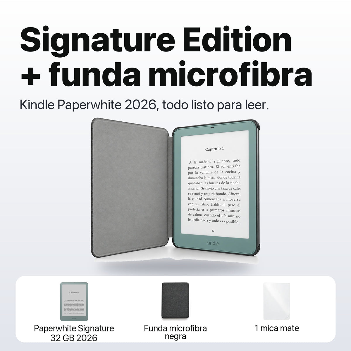 Kindle Paperwhite Signature Edition 2026 color Verde Seaglass con funda microfibra negra - qué incluye el pack