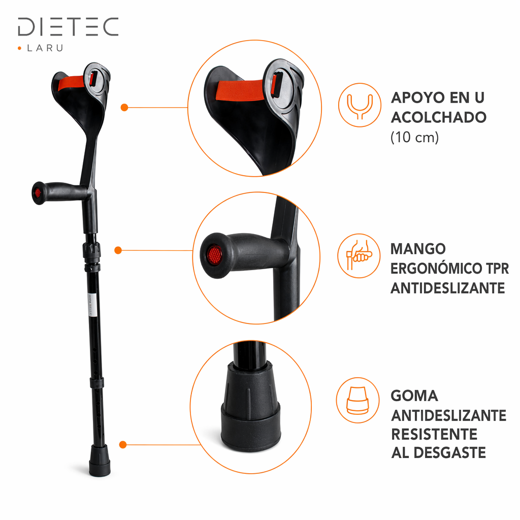 Detalle del apoyo en U acolchado, mango TPR y goma antideslizante