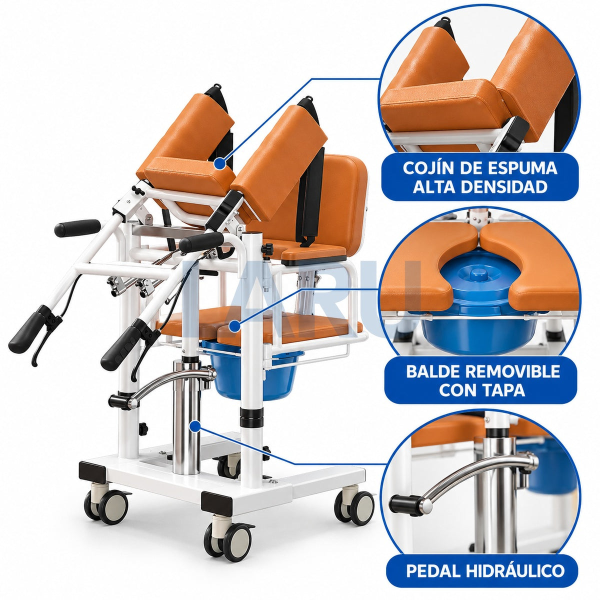 Silla de Traslado Hidráulica para Pacientes con WC y Apertura 180° - detalles y terminaciones