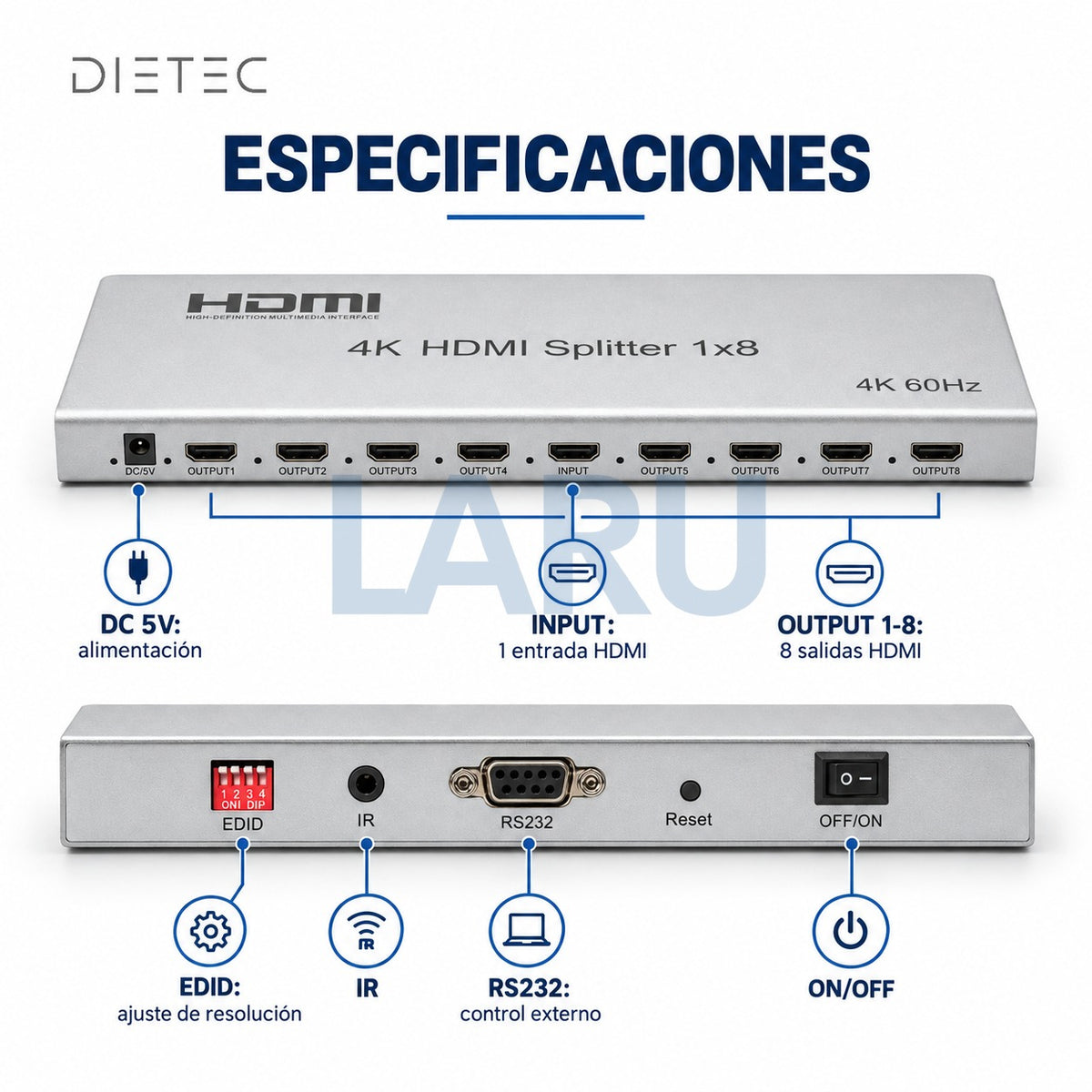 Especificaciones del splitter HDMI 1x8 DIETEC: entrada, 8 salidas, DC 5V, EDID, IR, RS232