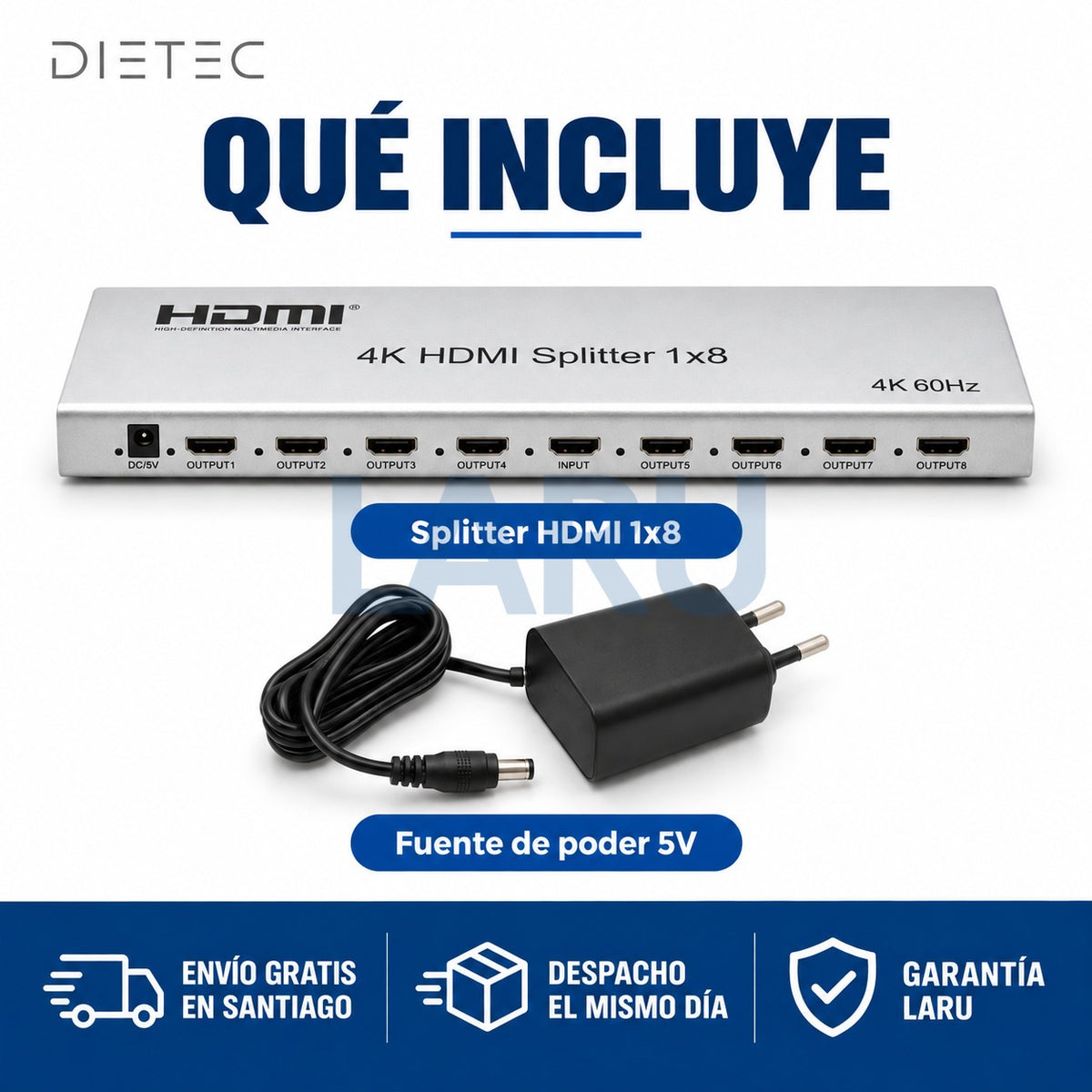 Qué incluye el splitter HDMI 1x8 DIETEC: splitter y fuente de poder 5V