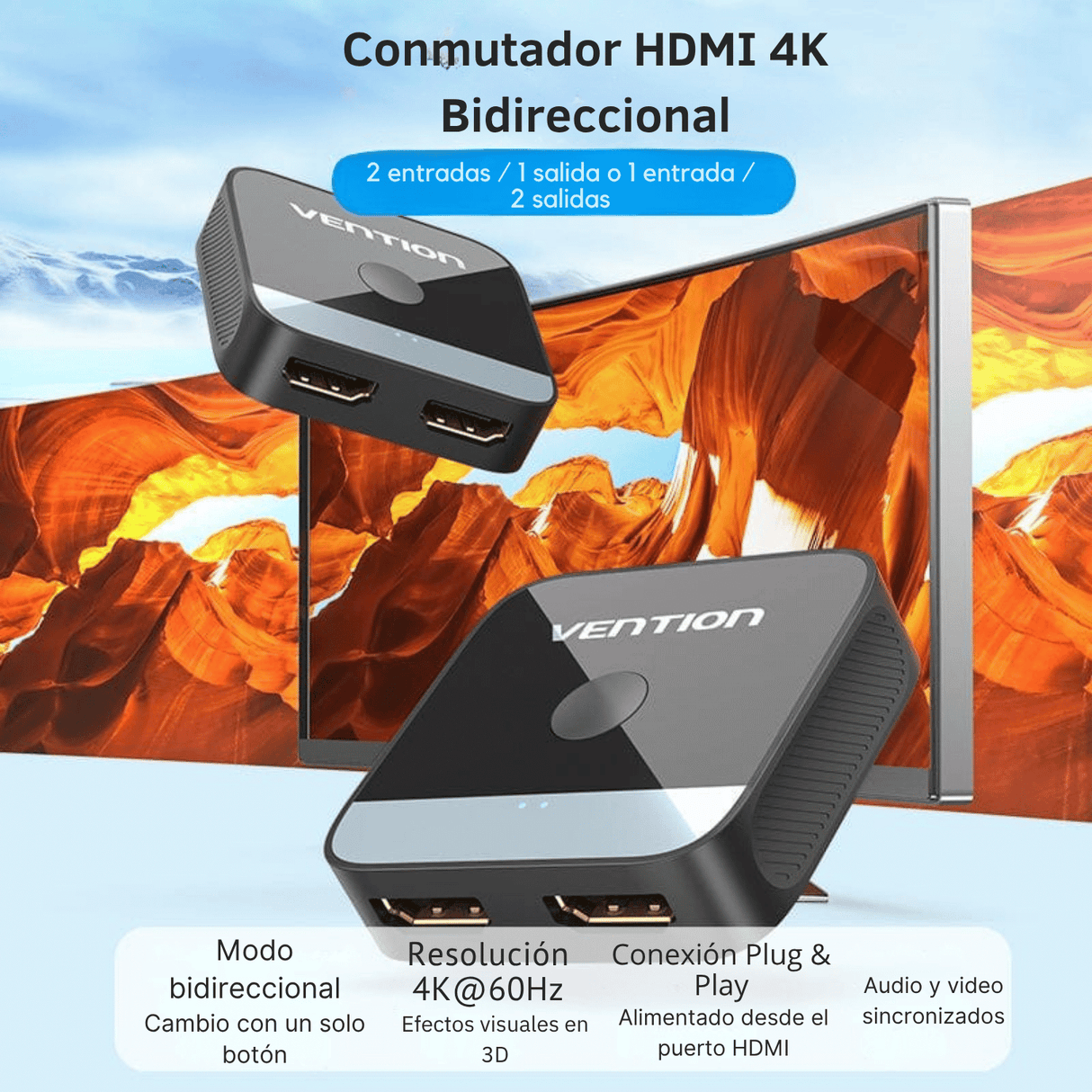 Conmutador HDMI Vention 4K Bidireccional 2x1 1x2 PS5 Xbox TV