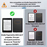 La infografía muestra que solo la Laru Funda Transparente + Mica es compatible con Kindle Paperwhite 2024 12va Gen 7", no con Kindle Paperwhite 2021 6.8" o Kindle 2024/2019 6". Las áreas de compatibilidad están claramente marcadas.