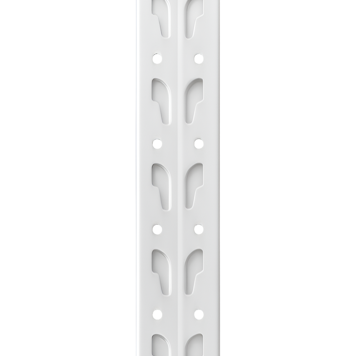 Detalle de la estructura y bandejas del estante metálico Laru Racks blanco