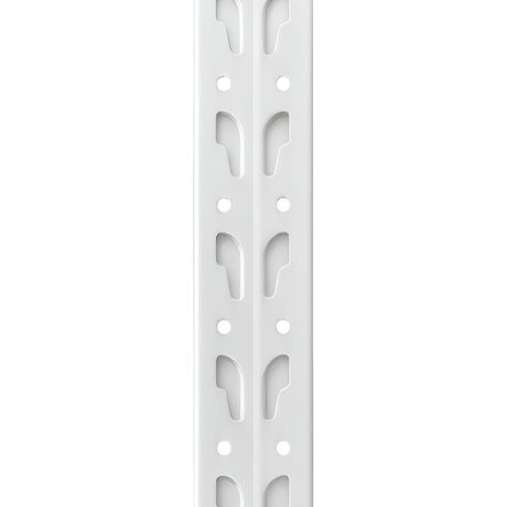 Detalle de la estructura y bandejas del estante metálico Laru Racks blanco