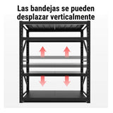 Estante con bandejas ajustables verticalmente y flechas que indican desplazamiento.