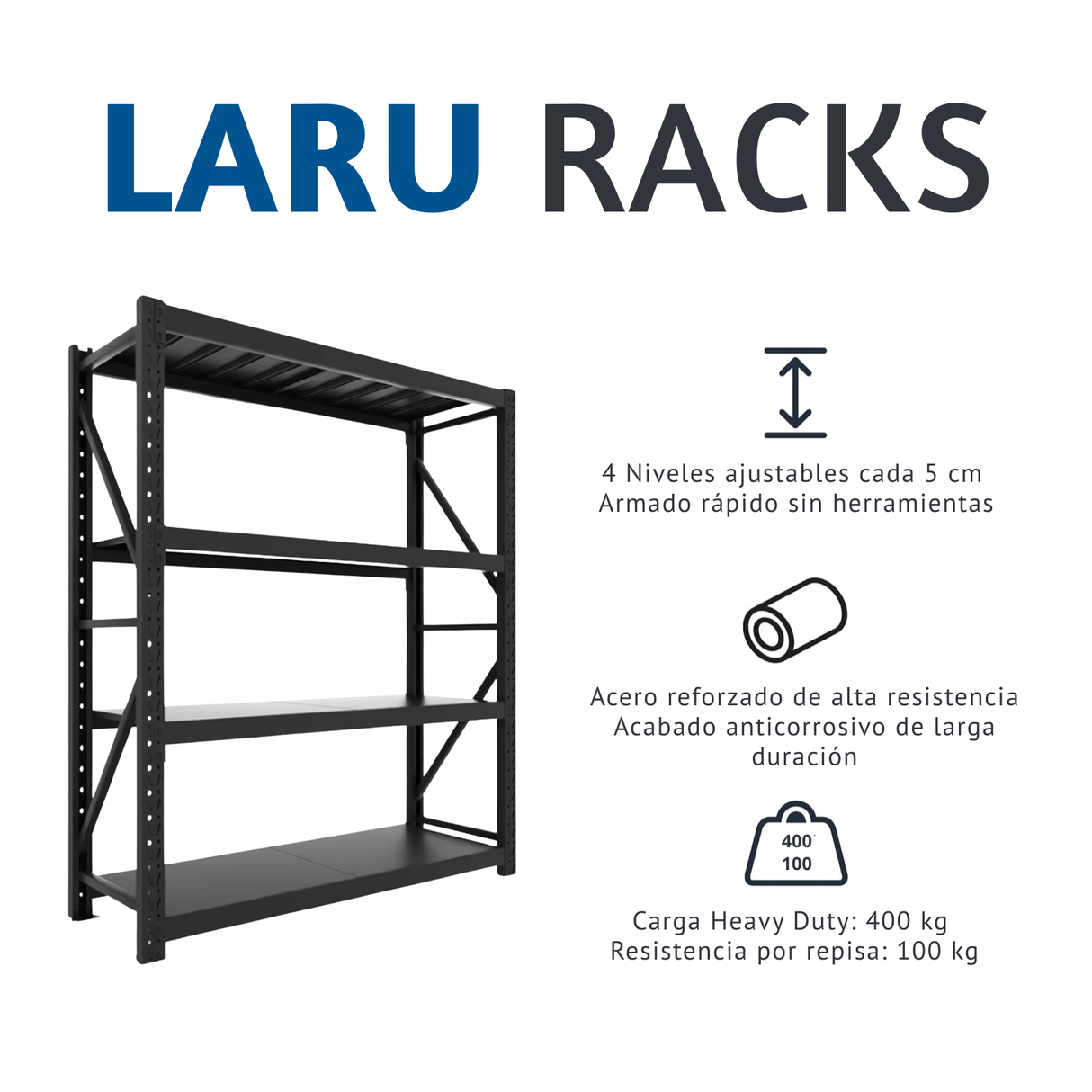 Estante Metálico Industrial 200x50x120cm 400kg Heavy Duty - Laru Racks Creta