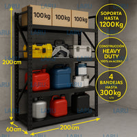 Estante metálico industrial Laru Racks color negro, estructura de acero con cuatro bandejas, vista frontal