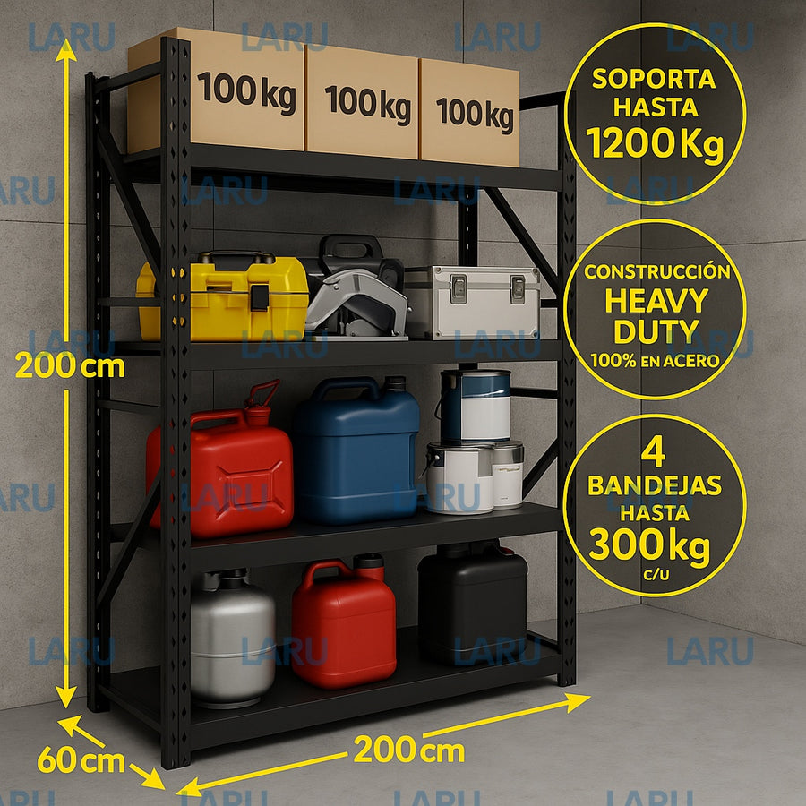Estante metálico industrial Laru Racks color negro, estructura de acero con cuatro bandejas, vista frontal