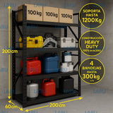 Estante metálico industrial Laru Racks Berlin negro, estructura de acero con cuatro bandejas de 400 kg