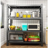 Estante metálico Laru Racks en cocina, con jarras de jugo, microondas, frutas y bolsas; negro, tamaño 200x60x200 cm, capacidad 1200 kg
