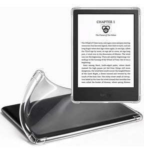 Se muestra una funda DIETEC transparente + mica para Kindle 2024 (11va Gen, 6"). Un Kindle muestra el texto del libro, mientras que otro resalta la funda transparente, flexible y resistente a los golpes. El logotipo de "Kindle" aparece en la parte inferior.