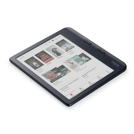 El Kobo Libra Color 32GB Negro, un eReader de la marca Kobo con pantalla a color E Ink, muestra portadas de libros en su amplia pantalla, tiene 32GB de almacenamiento y dos botones laterales. Está sobre una superficie blanca.