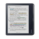 Un Kobo Libra Color 32GB Negro – eReader con Pantalla a Color muestra un texto en español con frases resaltadas, subrayados y anotaciones manuscritas en varios colores. Incluye dos botones laterales.