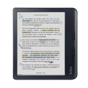 Un Kobo Libra Color 32GB Negro – eReader con Pantalla a Color muestra un texto en español con frases resaltadas, subrayados y anotaciones manuscritas en varios colores. Incluye dos botones laterales.