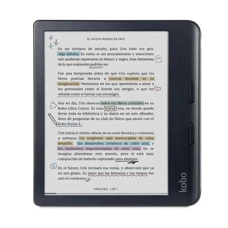 Un Kobo Libra Color 32GB Negro – eReader con Pantalla a Color muestra un texto en español con frases resaltadas, subrayados y anotaciones manuscritas en varios colores. Incluye dos botones laterales.