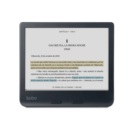 El Kobo Libra Color 32GB Negro, eReader de la marca Kobo con pantalla a color, muestra un libro en español con el capítulo 1 “GAU BELTZA, LA NEGRA NOCHE” y tres líneas resaltadas en amarillo, azul y marrón. Fondo blanco.