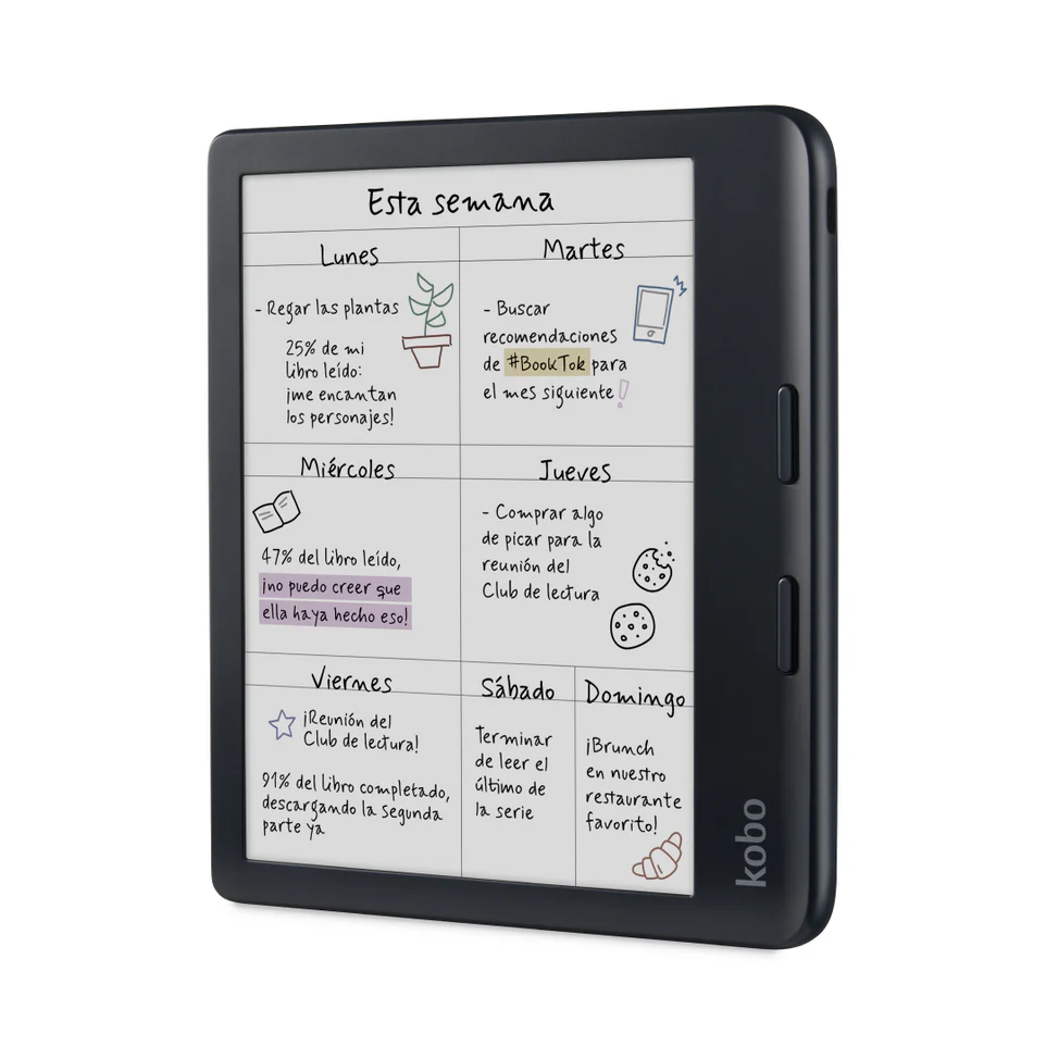 El Kobo Libra Color 32GB Negro, el lector electrónico de Kobo con pantalla a color, muestra un planificador semanal en español con notas manuscritas y garabatos para actividades de lectura, cuidado de plantas y club de libros. Ideal para organizar todo con sus 32 GB.