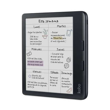 El Kobo Libra Color 32GB Negro, el lector electrónico de Kobo con pantalla a color, muestra un planificador semanal en español con notas manuscritas y garabatos para actividades de lectura, cuidado de plantas y club de libros. Ideal para organizar todo con sus 32 GB.