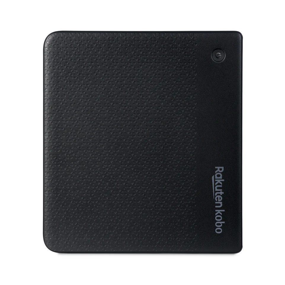 El Kobo Libra Color 32GB Negro – eReader con Pantalla a Color de la marca Kobo, visto de espaldas con superficie texturizada y logo gris en la esquina inferior derecha, incluye 32 GB para tus lecturas favoritas.
