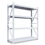 Estante metálico industrial Laru Racks color blanco, estructura de acero con cuatro bandejas, vista frontal