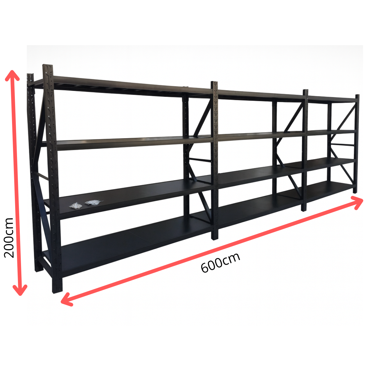 Medidas del estante metálico Laru Racks Potsdam heavy duty: 600 cm de ancho y 200 cm de alto, bandejas de acero