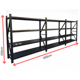 Medidas del estante metálico Laru Racks Potsdam heavy duty: 600 cm de ancho y 200 cm de alto, bandejas de acero