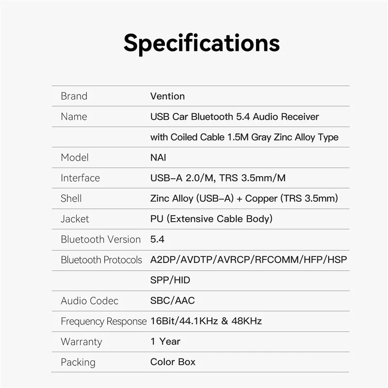 Adaptador Bluetooth 5.4 Auto Audio Usb Vention 1.5m Premium - Laru