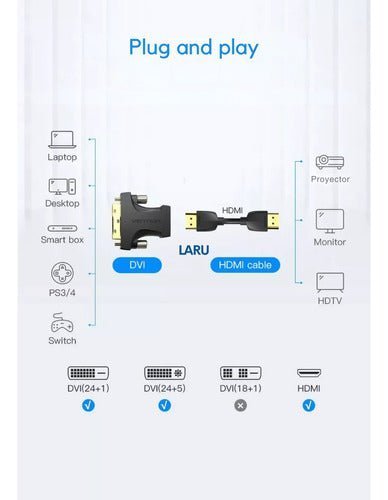Adaptador Conversor Dvi 24+1 Macho A Hdmi Hembra Vention Oro - Laru