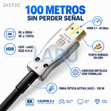 Especificaciones cable HDMI 2.1 fibra óptica DIETEC 100 m: 48 Gbps, 8K 60Hz, 4K 120Hz, HDR, eARC