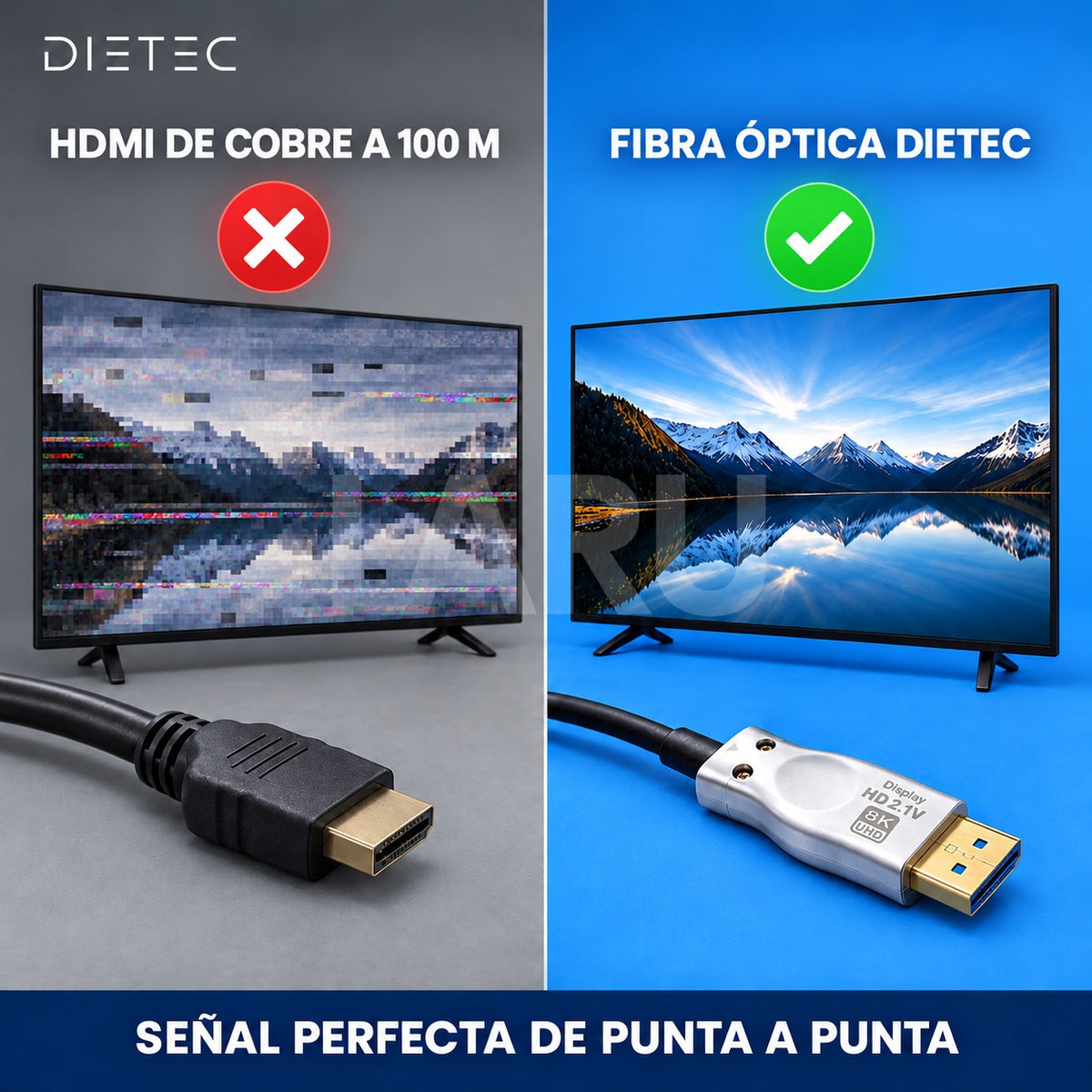 HDMI de cobre a 100 m con interferencia vs cable de fibra óptica DIETEC con imagen nítida