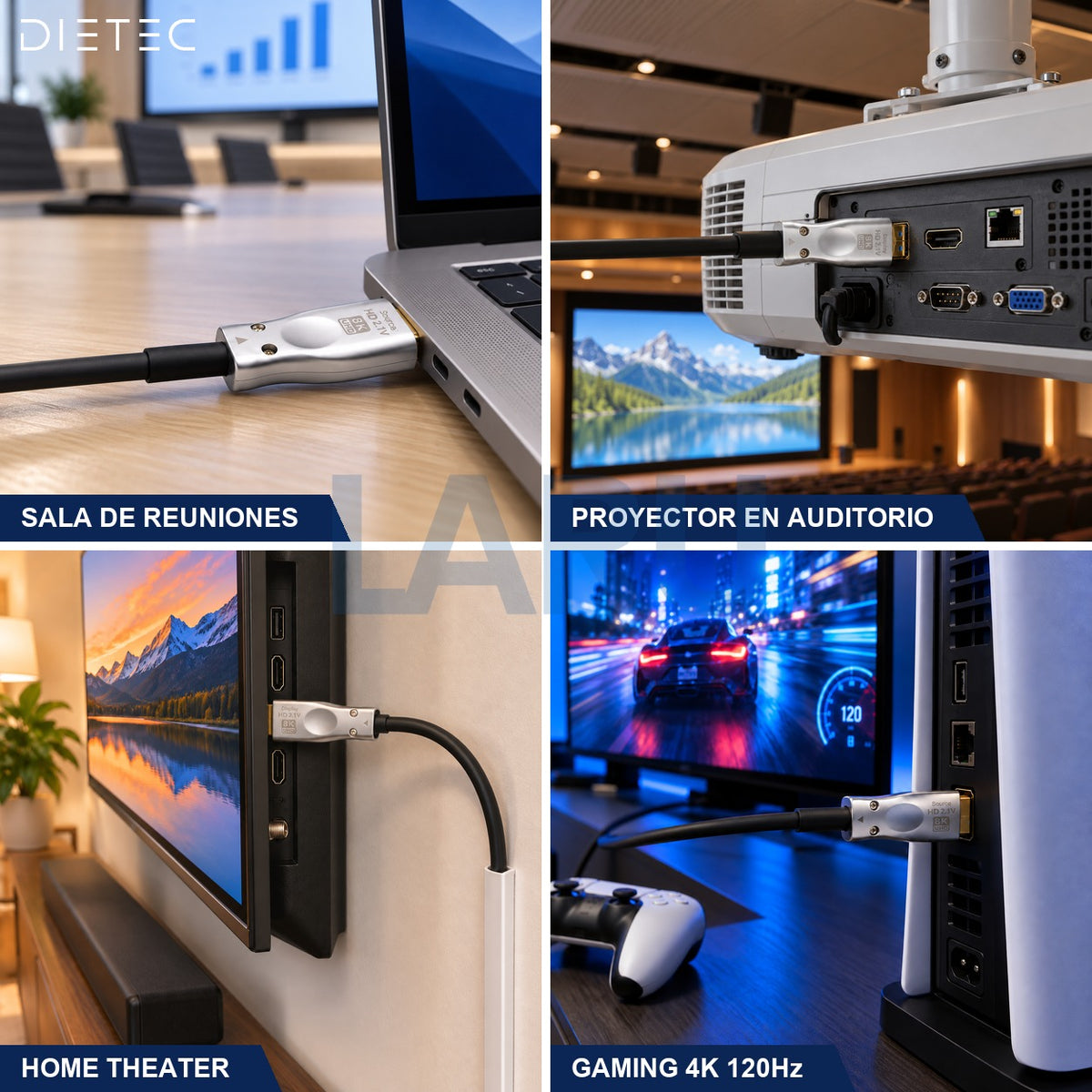 Cable HDMI de fibra DIETEC en sala de reuniones, proyector de auditorio, home theater y gaming 4K 120Hz
