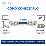 Cómo conectar el cable HDMI de fibra DIETEC: de la fuente a la pantalla según la flecha