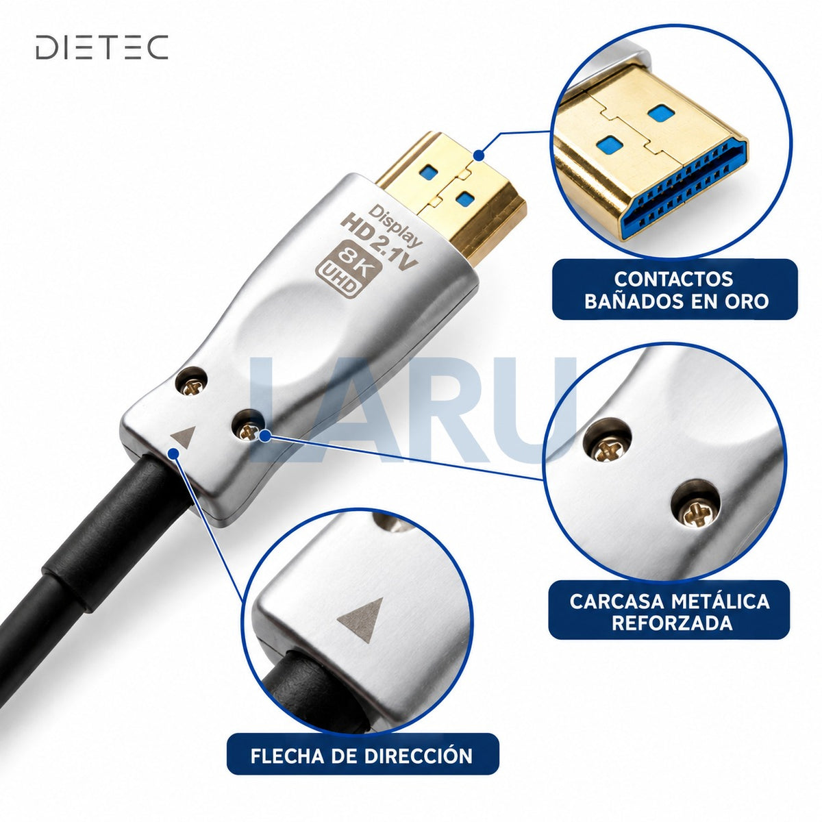 Detalle del conector DIETEC: contactos bañados en oro, carcasa metálica y flecha de dirección